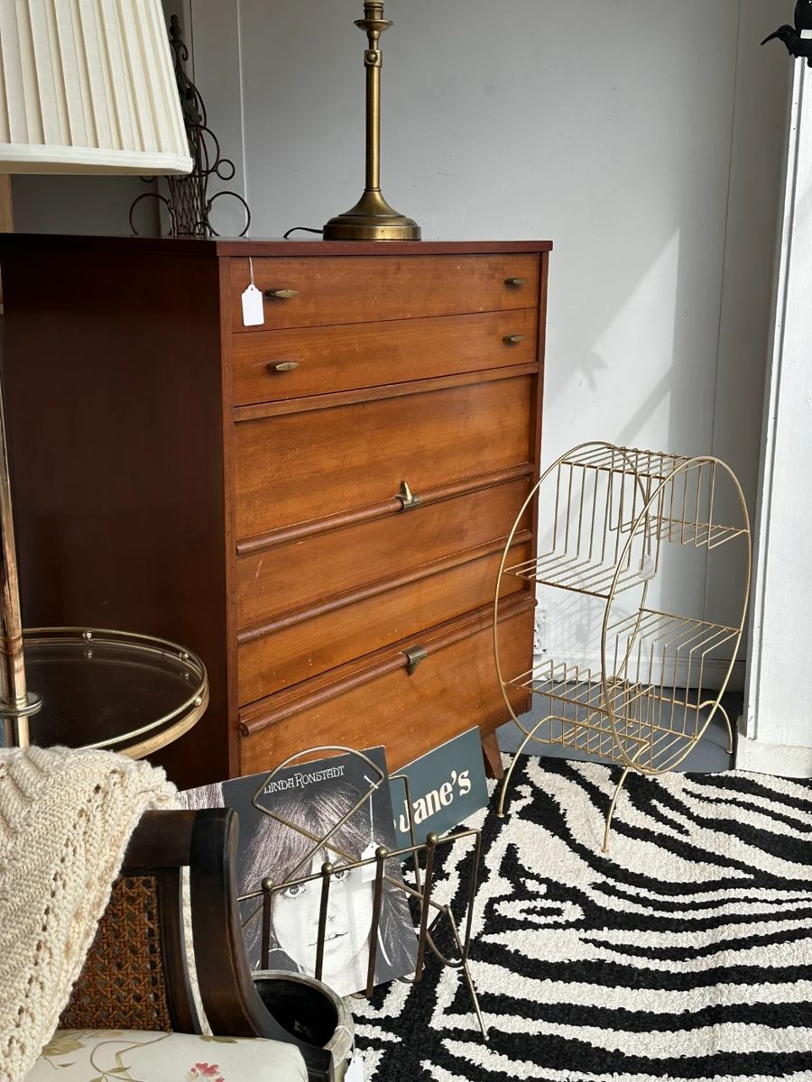 MCM Dresser Chest of Drawers, Brass Circular Plant Stand