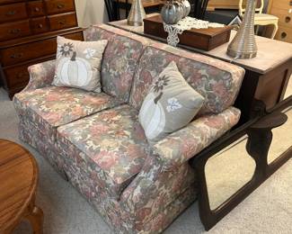 Quality loveseat (mirror sold), round coffee table, modern lamps, dresser