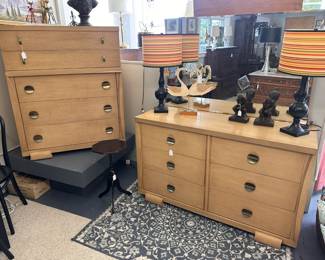 Blonde MCM dresser set, fall lamps, Thinking Man bookends
