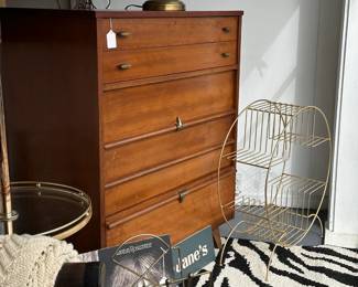 MCM Dresser Chest of Drawers, Brass Circular Plant Stand