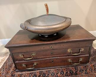 VINTAGE TRUNK, COVERED BOWL, SMALL RUG