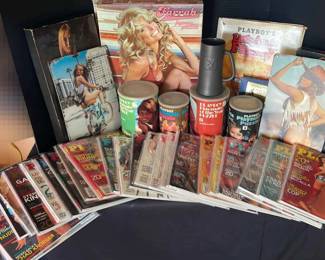 Playboy Magazines, Puzzles, Book, And Metal Decor
