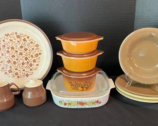 Pyrex Old Orchard Casserole Dishes and Assorted Browntone Kitchenware