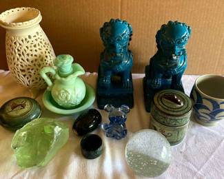 Two Vintage Chinese Guardian Lions, Green Milk Glass Pitcher,Glass Paper Weights,Trinket Boxes More