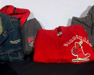 Cardinals Coat, 2 Chicago Bulls Coats, And Anheiser Busch Clydesdales Jean Jacket