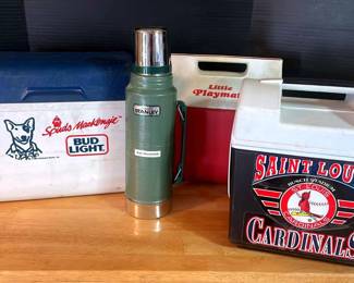Stanley Thermos, Bud Light Cooler, Little Playmate Lunch Box, And Rubbermaid Lunch Box