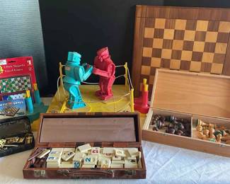 Vintage Rummi Tiles, Chess Pieces With Board, Rock Em Sock Em Robots., Dominos And More