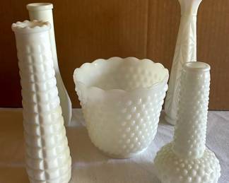 Vintage Milk Glass Vases And Bowl