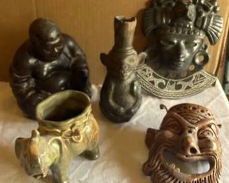 Vintage Wooden Aztec Style Mask, Buddha, Pottery Elephant Planter, Ceramic Aztec Mask, And More