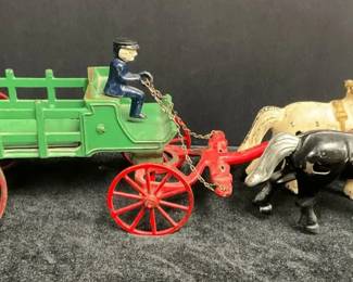 1930s Antique Kenton Cast Iron Horse Drawn Wagon