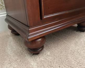 Pair of nightstands, 2 drawers and pull out writing surface, glass top and bun feet.  20"w 17"d 27"h.