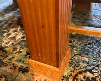 Antique blonde mahogany dining table with 5 legs, 3 additional leaves. Legs have carved 3" base and 3-1/2" skirt has 1/2" beaded decoration. Circa 1890. 
Dimensions 54"d 29"h , leaves 12"d.  