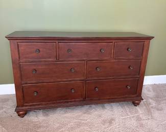 7-drawer dresser  66"w 20"d 40"h with mirror 49" x 37".   Matching nightstands (2) also available.