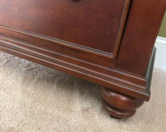 Pair of nightstands, 2 drawers and pull out writing surface, glass top and bun feet.  20"w 17"d 27"h.