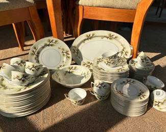 Gorgeous Shasta Pine - Cream (pattern #5012) by Narumi.  Total 62 pcs, setting for 15 plus some serving pieces.  Count: 15 dinner plates, 14 teacups, 15 saucers, 16 square salad plates, 17” oval serving platter and 9” round vegetable bowl.  