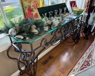 Wrought Iron Glass Top Console Table, Christmas Decor 