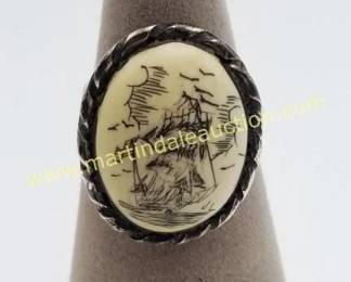 vintage sterling silver scrimshaw ring 
