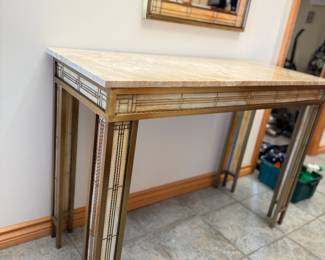 Unusual leaded brass & metal entry table and mirror. Gorgeous slag glass inserts in tone on tone colors 