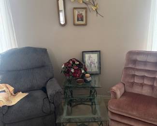 Grey lift chair , iron tables with glass top plus a cute little mauve recliner! Everything is priced to sell fast