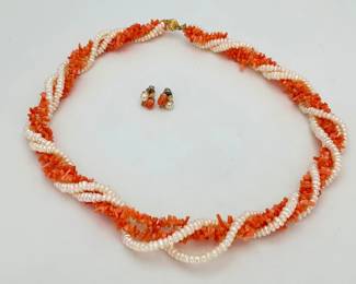 Coral and Freshwater pearl necklace and earrings set