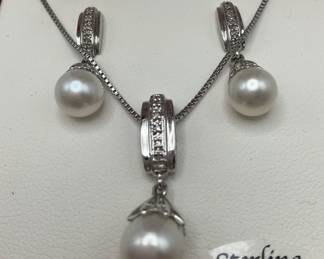 Sterling silver pearl and diamond set