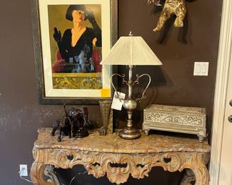 Marble top  console, Maitland Smith Box, wood Cupid, designer lamp