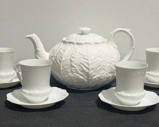 White Cabbagethemed Tea Pot with Cups  Saucers