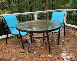 Round Patio Table 2 Blue Chairs