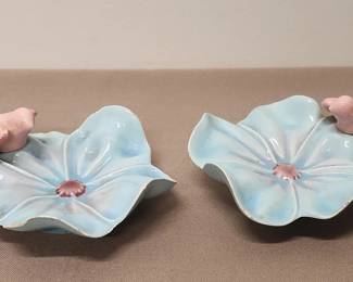 Vintage Royal Copley Pink Bird and Blue Flower Ceramic Trinket Dish 