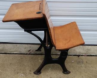 Antique Silent Giant CastIron and Oak School Desk 