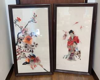 Framed Pair of Tall Art Pieces including Birds More