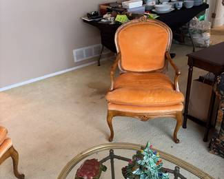 Metal and glass coffee table  two vintage ceramic Christmas trees 