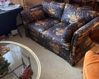 Two quilted fabric mid century loveseats Henredon 