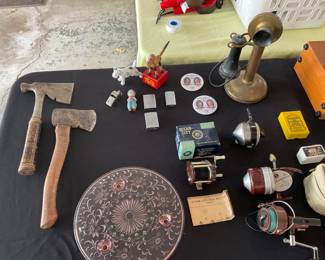 Vintage hatchets, lighters , brass, candlestick telephone