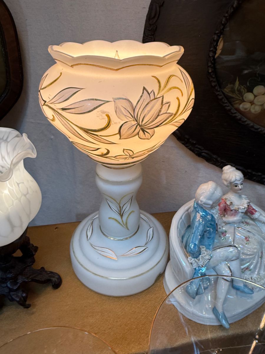 Vintage White glass with floral Mantle Luter, small cherub lamp, figurine