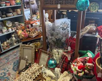 Christmas ornaments, side table, kitchen items