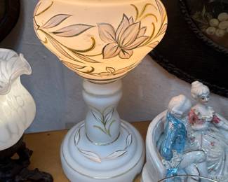 Vintage White glass with floral Mantle Luter, small cherub lamp, figurine