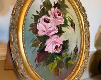 beautiful oval floral oil painting framed, LA artist