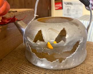 Jack-O-Lantern made from vintage kettle