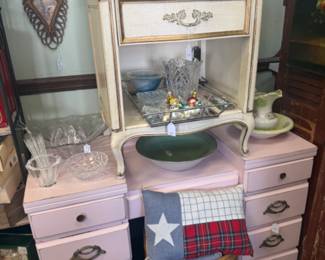 Pink Painted desk or vanity, antique bedside table, pitcher and wash bowl, glassware