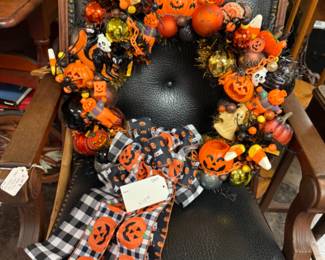one of a kind, hand made Halloween, Fall and Christmas wreaths in the store