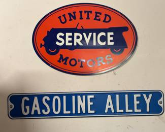 United motors and gasoline alley car signs