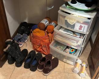 Shoes, yarn, crafting supplies, weights