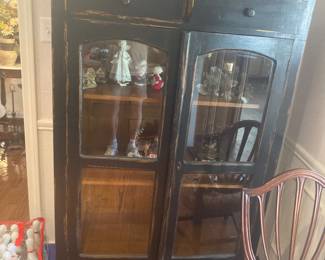 Beautiful distressed wood black China curio cabinet with two drawers at the top