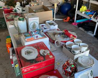 Lots of Christmas serving dishes and decorations