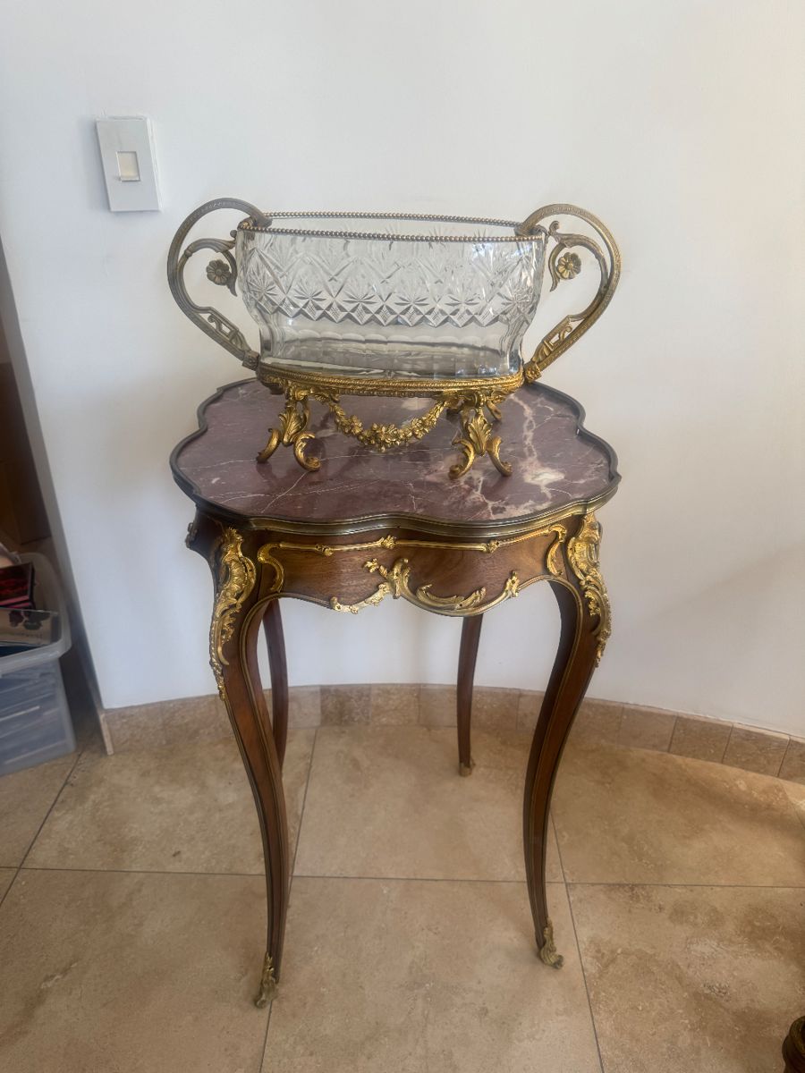 Louis XV side table with lavender marble 
And Baccarat bucket center table.