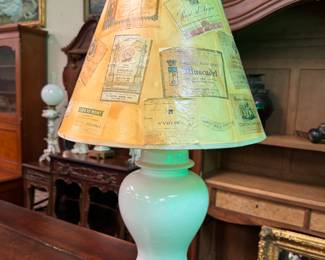 Pair Urn Lamps w/ Wine Label Accented Shades