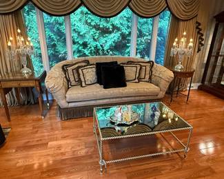 Sherrill custom upholstered sofa, Baker furniture, coffee table. Pair, Maitland Smith, end tables pair, candelabra table lamps.