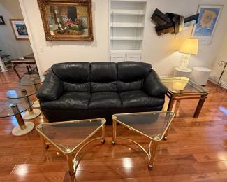 Leather sofa pair of vintage rolling tables, vintage nesting tables