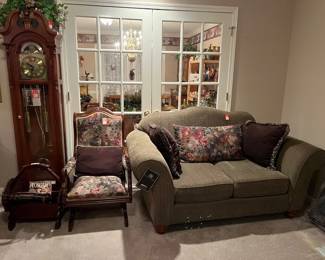 Ashley love seat, hand carved magazine stand, antique sewing rocker, grandfather clock.